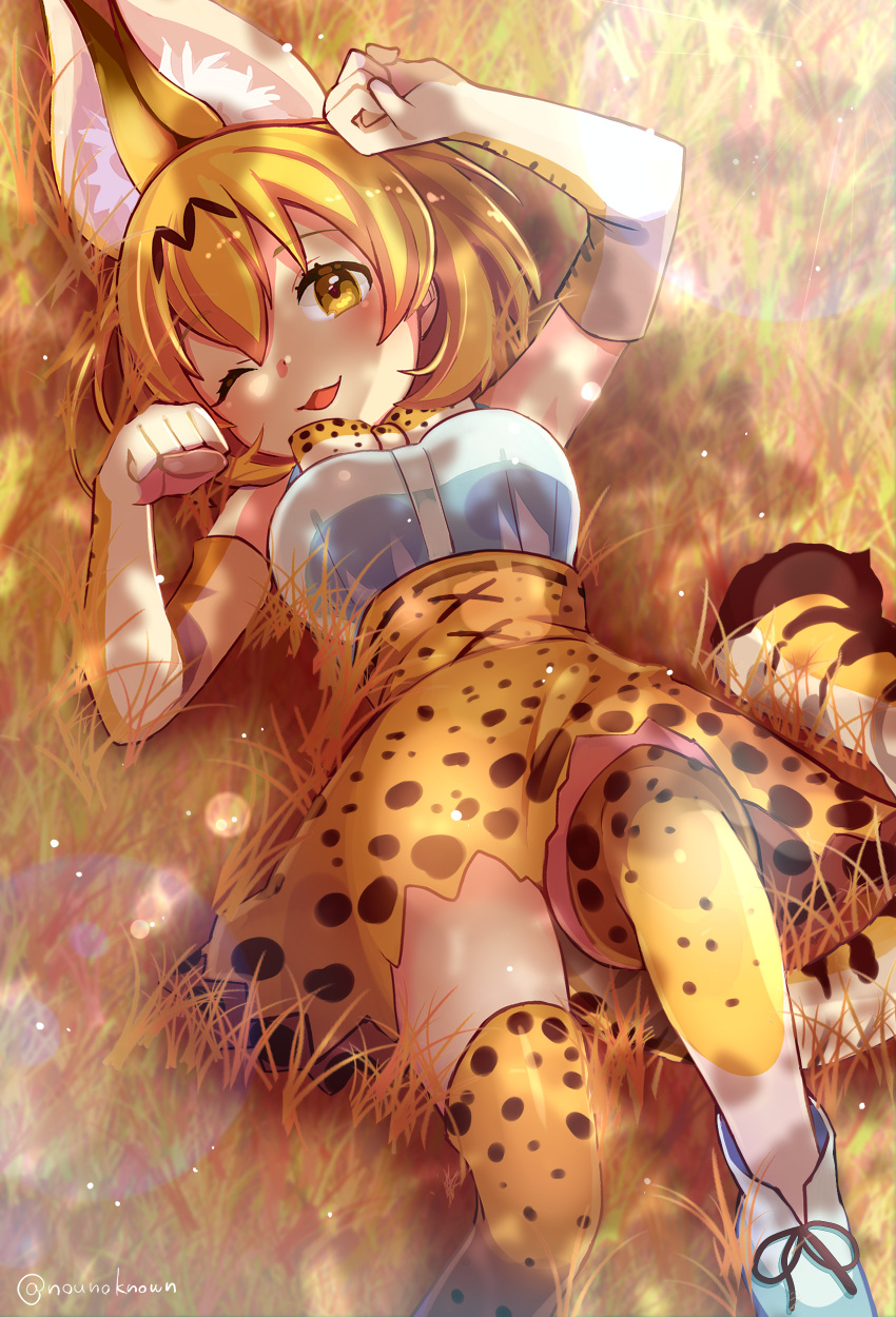 1girl ;3 absurdres animal_ears artist_name bare_shoulders blonde_hair blush bow bowtie breasts elbow_gloves full_body gloves grass highres kemono_friends large_breasts looking_at_viewer lying nou on_back on_grass one_eye_closed open_mouth paw_pose serval_(kemono_friends) serval_ears serval_print serval_tail short_hair sleeveless smile solo tail thigh-highs wavy_mouth yellow_eyes zettai_ryouiki