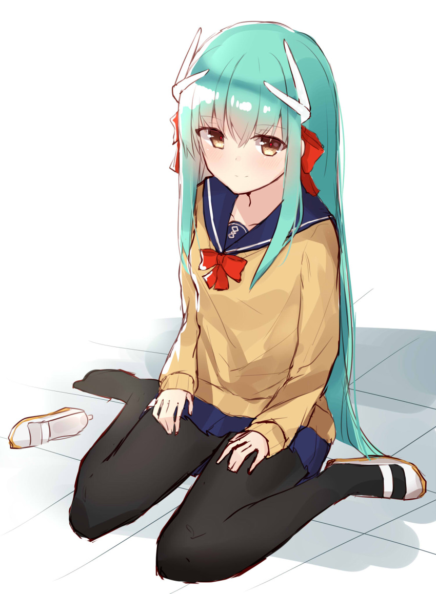1girl arms_at_sides bangs black_legwear blue_skirt blush brown_eyes brown_sweater closed_mouth eyebrows_visible_through_hair fate/grand_order fate_(series) green_hair hands_on_own_thighs hands_on_thighs highres kanase_(mcbrwn18) kiyohime_(fate/grand_order) long_hair looking_at_viewer miniskirt pantyhose pleated_skirt school_uniform serafuku shoes shoes_removed single_shoe sitting skirt smile solo tile_floor tiles uwabaki very_long_hair wariza