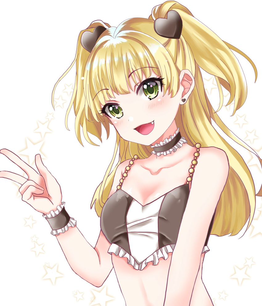 1girl arms_at_sides bangs blonde_hair blush breasts collarbone crop_top eyebrows_visible_through_hair fang green_eyes hair_ornament hamu_(plot_sy) hand_up heart_hair_ornament highres idolmaster idolmaster_cinderella_girls jougasaki_rika long_hair looking_at_viewer midriff open_mouth small_breasts smile solo star starry_background two_side_up upper_body v