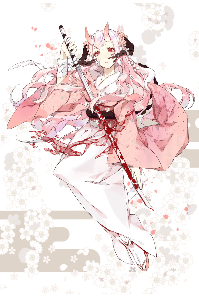 1girl absurdres bandaged_arm bangs blood blood_splatter cherry_blossoms floral_background full_body highres holding holding_sword holding_weapon japanese_clothes katana kimono legs_together long_hair looking_at_viewer miyuki_(miyuki_05290) multicolored_hair obi oni oni_horns original parted_lips pink_hair red_eyes sandals sash silver_hair solo sword tabi two-tone_hair wavy_hair weapon white_background white_kimono white_legwear