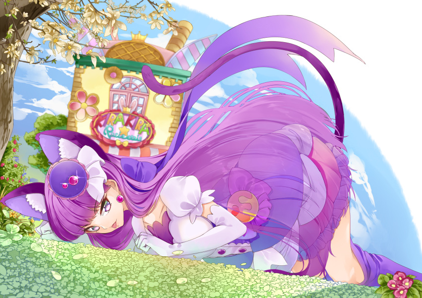 1girl animal_ears cat_ears cat_tail choker cure_macaron earrings elbow_gloves extra_ears food_themed_hair_ornament gloves hair_ornament highres jewelry kirakira_precure_a_la_mode kotozume_yukari long_hair macaron_hair_ornament magical_girl precure puffy_short_sleeves puffy_sleeves purple_choker purple_hair short_sleeves solo tail tongue tongue_out violet_eyes white_gloves yuutarou_(fukiiincho)