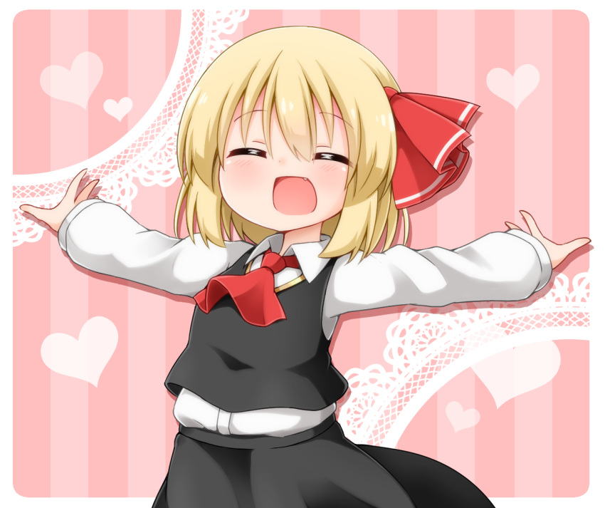 1girl :d ^_^ blonde_hair closed_eyes fang hair_ribbon heart open_mouth outstretched_arms pink_background ribbon rumia shirt short_hair skirt smile spread_arms striped striped_background suwa_yasai touhou vest