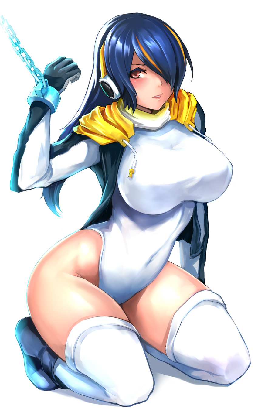 1girl absurdres black_hair blush breasts brown_eyes chains covered_navel emperor_penguin_(kemono_friends) full_body hair_over_one_eye headphones highleg highleg_leotard highres hood hoodie jacket kemono_friends large_breasts leotard long_hair looking_at_viewer multicolored_hair navel open_clothes shoes solo thigh-highs white_legwear white_leotard yashichii