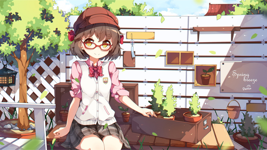 1girl arm_at_side artist_name bangs bench blue_sky blurry blush bow bowtie box brown_hair brown_skirt buttons cabbie_hat closed_mouth clouds collared_shirt commentary_request cowboy_shot dango_remi day ears_visible_through_hair emblem eyebrows_visible_through_hair falling_leaves fence flower_pot hair_bow hat lantern legs_together long_sleeves looking_at_viewer medium_skirt motion_blur original outdoors pink_shirt plaid plaid_skirt plant pocket potted_plant red_bow red_bowtie red_hat rock school_uniform shirt short_hair sitting skirt sky sleeve_cuffs sleeves_folded_up sleeves_pushed_up smile solo thick_eyebrows tree wind_chime wing_collar yellow_eyes