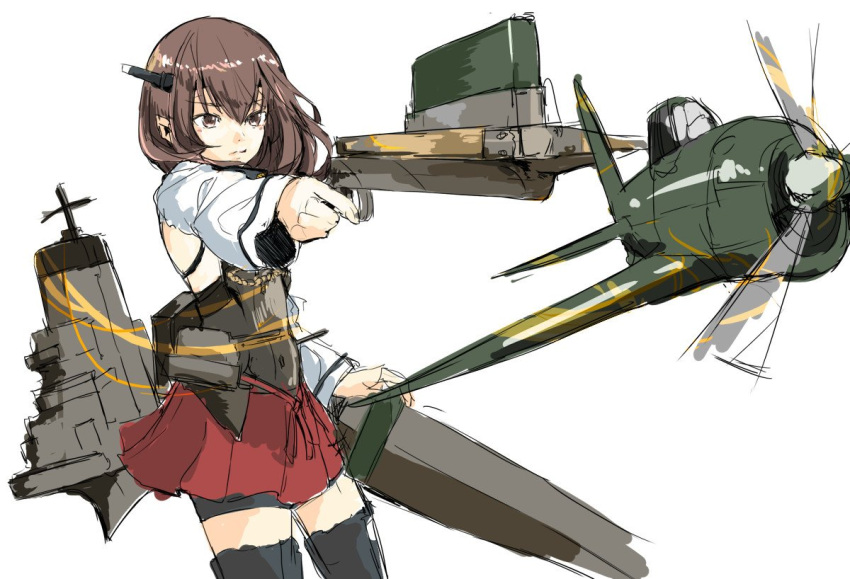 1girl aiming aircraft airplane armor artist_request bike_shorts black_legwear blush bow_(weapon) brown_eyes brown_hair closed_mouth commentary_request cowboy_shot crossbow hair_between_eyes headband headgear kantai_collection long_sleeves machinery pleated_skirt propeller rigging short_hair simple_background skirt solo taihou_(kantai_collection) thigh-highs weapon white_background