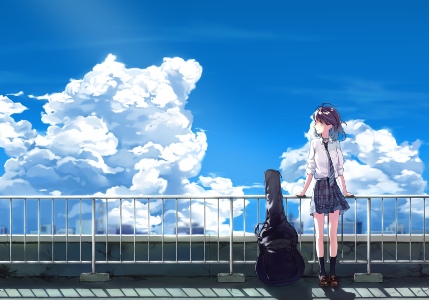 1girl ahoge aiko_(aiko_54) bangs black_legwear blue_necktie blue_sky breast_pocket brown_hair brown_shoes city closed_mouth clouds cloudy_sky day guitar_case highres instrument_case kneehighs leaning_on_rail loafers looking_to_the_side necktie original outdoors plaid plaid_skirt pleated_skirt pocket railing scenery school_uniform shoes skirt sky sleeves_rolled_up smile solo standing striped striped_necktie