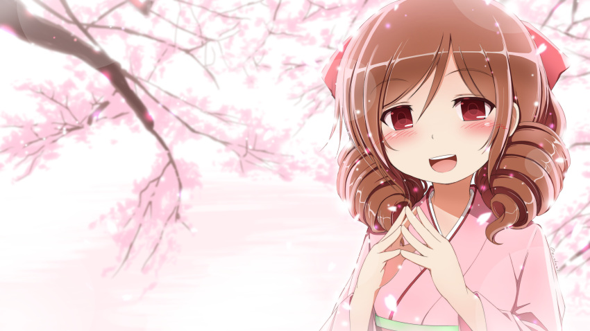 1girl blush bow brown_hair cherry_blossoms drill_hair earth_ekami fingers_together hair_bow harukaze_(kantai_collection) highres japanese_clothes kantai_collection kimono long_hair looking_at_viewer meiji_schoolgirl_uniform open_mouth red_bow red_eyes smile solo tree twin_drills upper_body wallpaper