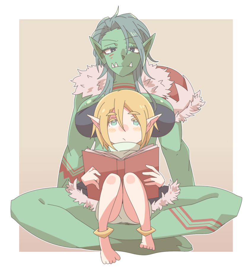 1boy 1girl artist_request blonde_hair book facial_mark fangs female_orc green_skin highres orc original pointy_ears short_hair sitting sitting_on_lap sitting_on_person tattoo