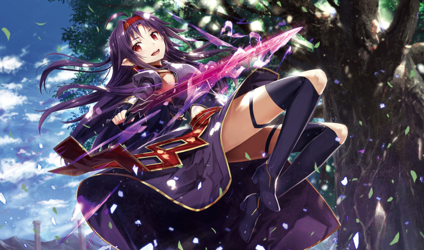 ahoge bangs clouds gabiran gloves holding holding_sword holding_weapon konno_yuuki_(sao) long_hair long_sleeves looking_at_viewer open_mouth petals pointy_ears purple_hair red_eyes sky solo sword sword_art_online teeth thigh-highs tree weapon wind