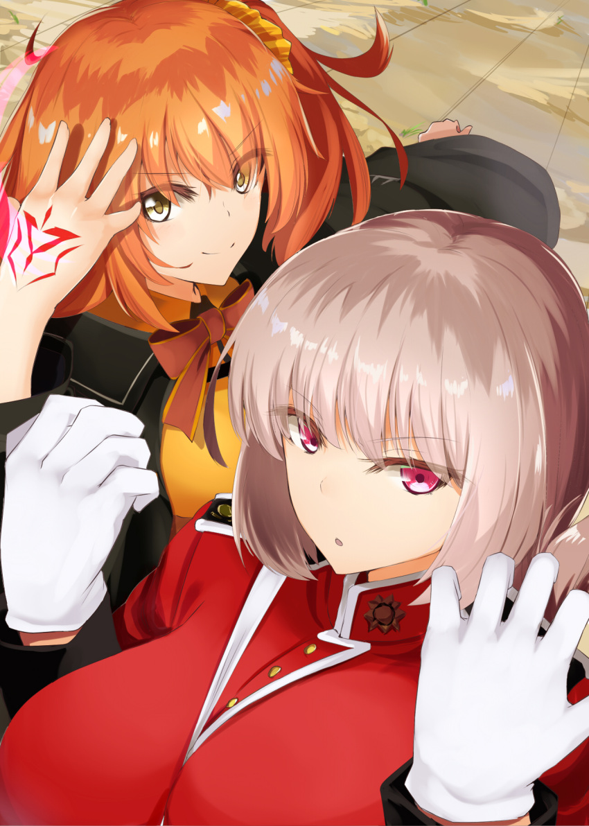 2girls bangs breasts command_spell fate/grand_order fate_(series) florence_nightingale_(fate/grand_order) fujimaru_ritsuka_(female) gloves highres large_breasts long_hair long_sleeves looking_at_viewer multiple_girls ninoude_(ninoude44) orange_hair pink_eyes pink_hair short_hair smile