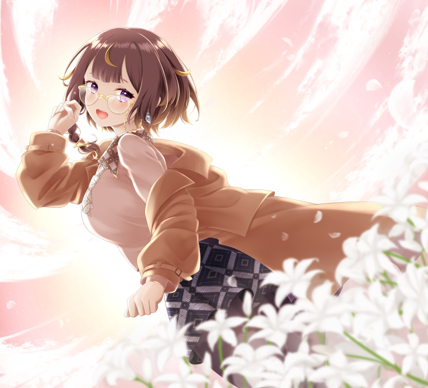 1girl absurdres anya_melfissa braid brown_coat brown_hair coat earrings flower from_side glasses highres hololive hololive_indonesia jewelry lily_(flower) mee_don pantyhose petals short_hair side_braid skirt twilight violet_eyes virtual_youtuber