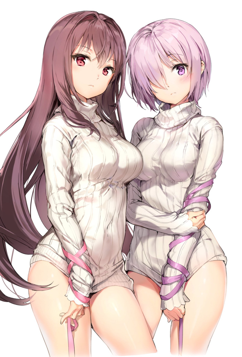 2girls anmi bangs blush breasts brown_hair commentary_request dress fate/grand_order fate_(series) hair_over_one_eye highres large_breasts long_hair looking_at_viewer multiple_girls naked_sweater purple_hair red_eyes ribbed_sweater ribbon scathach_(fate/grand_order) shielder_(fate/grand_order) short_hair simple_background sleeves_past_wrists standing sweater sweater_dress thighs turtleneck turtleneck_sweater violet_eyes white_background white_sweater