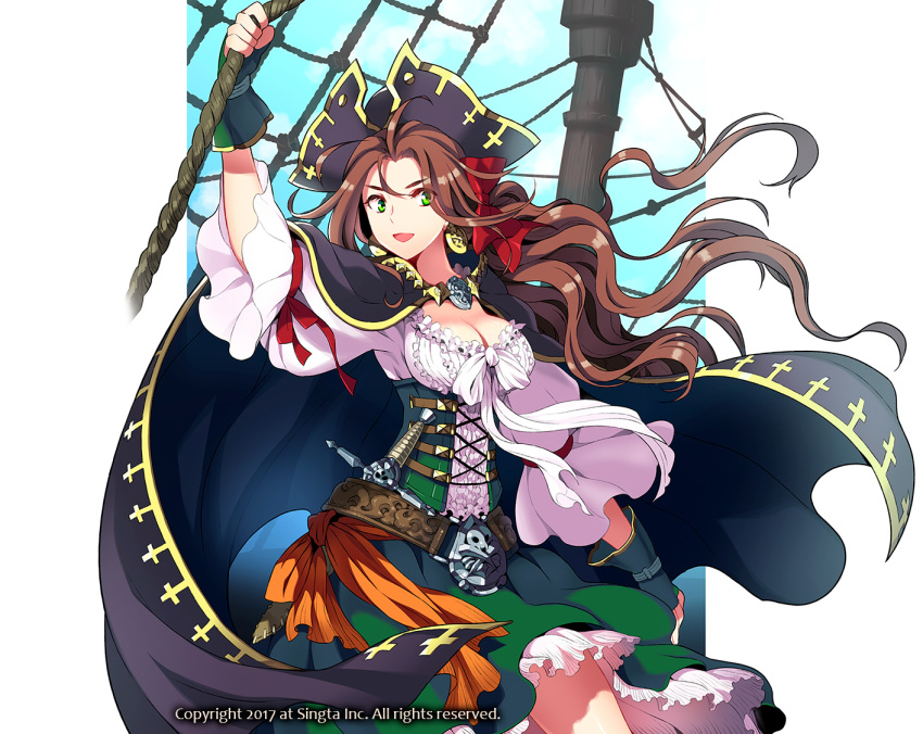 :d ahoge arm_up belt belt_buckle black_cape bow breasts brown_hair buckle cape cleavage copyright_request crow's_nest dagger day dress earrings fingerless_gloves frills gloves grace_o'malley green_dress green_eyes hair_bow hat jewelry long_hair looking_at_viewer open_mouth outdoors pirate pirate_hat red_bow rigging sheath sheathed smile standing very_long_hair weapon wooni