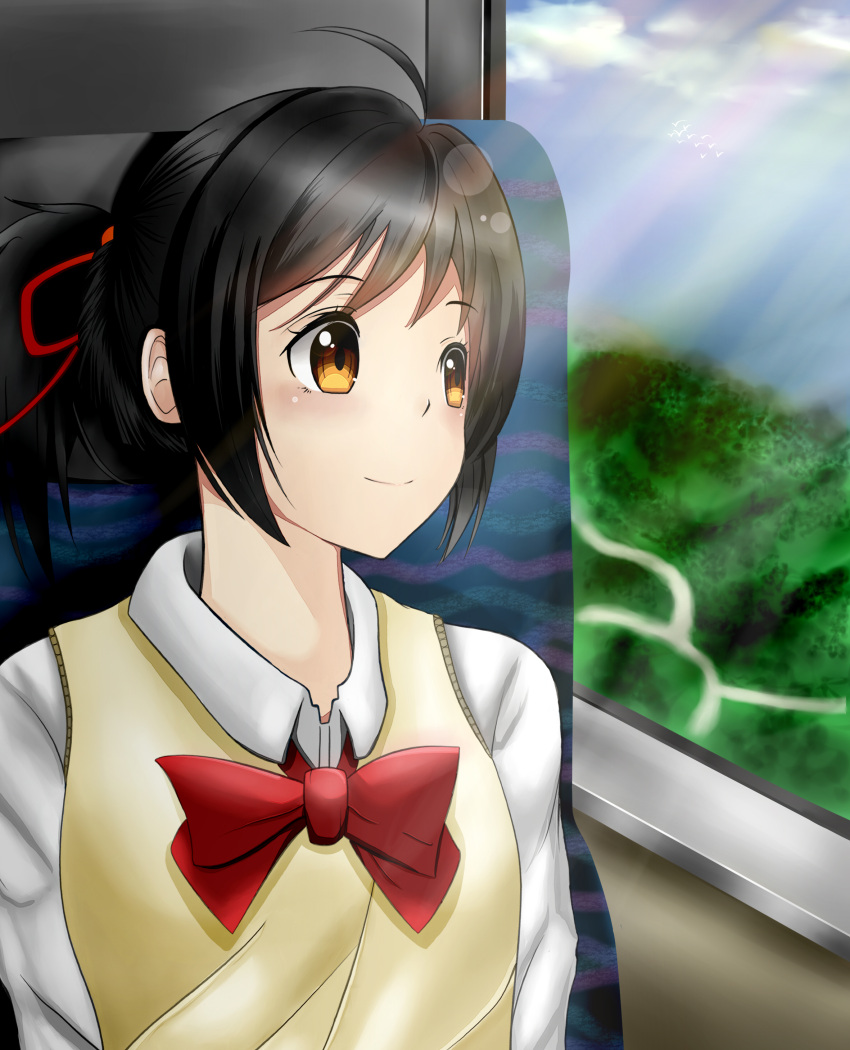 1girl absurdres ahoge artist_request black_hair brown_eyes clouds day forest hair_ribbon highres kimi_no_na_wa lens_flare looking_out_window miyamizu_mitsuha nature red_ribbon ribbon school_uniform sky sweater_vest train_interior