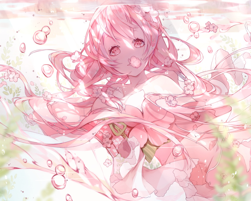 1girl air_bubble bangs bare_shoulders blurry cherry_blossoms depth_of_field long_hair looking_at_viewer miyuki_(miyuki_05290) mouth_hold parted_lips pink_hair sergestid_shrimp_in_tungkang solo underwater xuan_ying