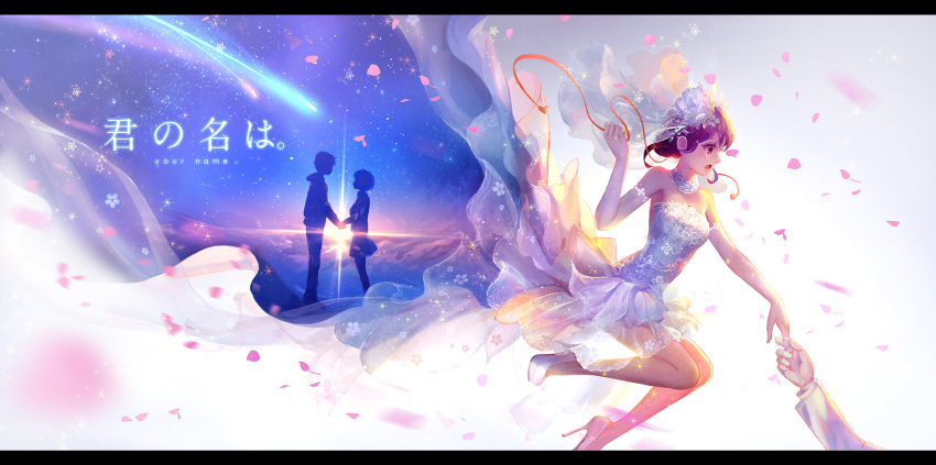 1boy 2girls alternate_costume black_hair bridal_veil brown_eyes comet copyright_name diffraction_spikes dress dual_persona hand_holding highres jewelry kimi_no_na_wa looking_at_another miyamizu_mitsuha multiple_girls pcw petals red_ribbon ribbon ring shoes silhouette veil wedding_dress wedding_ring white_shoes