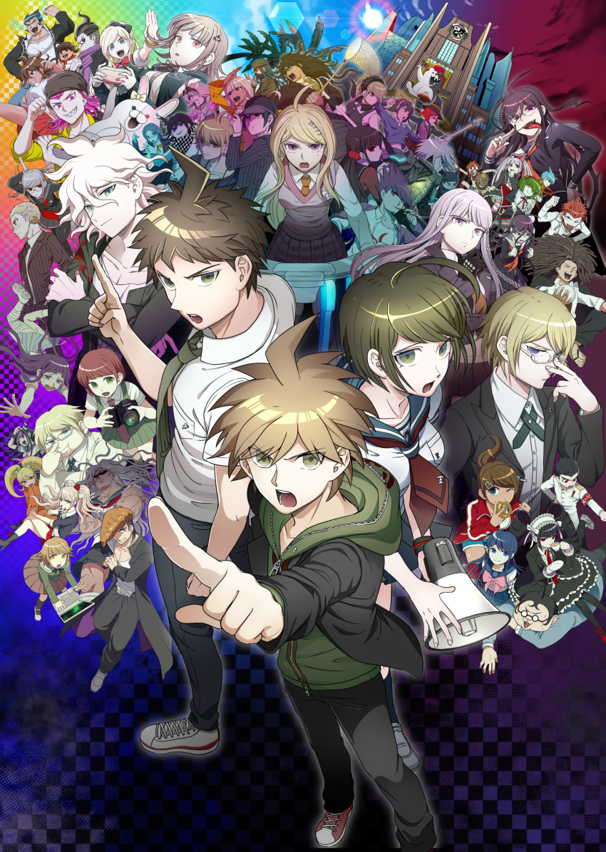 6+boys 6+girls absurdres ahoge akamatsu_kaede amami_rantarou asahina_aoi backpack bag bandage black_bow black_hair blonde_hair blue_eyes blue_hair blush_stickers bonnet bow bracelet braid breasts brown_eyes brown_hair butterfly_net celestia_ludenberck chabashira_tenko chains cleavage closed_eyes daimon_masaru_(dangan_ronpa) dangan_ronpa dangan_ronpa_1 drill_hair enoshima_junko everyone flipped_hair fujisaki_chihiro fukawa_touko genocider_shou glasses goggles goggles_on_head gokuhara_gonta gothic_lolita green_eyes green_hair grey_eyes hagakure_yasuhiro hair_bow hair_ornament hairclip hanamura_teruteru hand_net harukawa_maki hat highres hinata_hajime hood hoodie hoshi_ryouma iruma_miu ishimaru_kiyotaka jewelry keebo kemuri_jatarou kirigiri_kyouko koizumi_mahiru komaeda_nagito kuwata_reon kuzuryuu_fuyuhiko lolita_fashion long_hair maid maizono_sayaka megaphone mioda_ibuki mitsumame0810 momota_kaito monaka_(dangan_ronpa) monokuma monomi_(dangan_ronpa) multicolored_hair multiple_boys multiple_girls naegi_komaru naegi_makoto nanami_chiaki necktie new_dangan_ronpa_v3 nidai_nekomaru nurse oogami_sakura oowada_mondo ouma_kokichi owari_akane pekoyama_peko pink_eyes pink_hair pleated_skirt puffy_short_sleeves puffy_sleeves purple_hair red_eyes red_skirt redhead saihara_shuuichi saionji_hiyoko scarf school_uniform serafuku sharp_teeth shingetsu_nagisa shinguuji_korekiyo shirogane_tsumugi shirt short_hair short_sleeves side_braids silver_hair skirt sleeves_rolled_up smile sonia_nevermind souda_kazuichi spoilers super_dangan_ronpa_2 tanaka_gandamu teeth togami_byakuya toujou_kirumi trap tsumiki_mikan twin_braids twin_drills twintails utsugi_kotoko violet_eyes yamada_hifumi yellow_eyes yonaga_angie yumeno_himiko zettai_zetsubou_shoujo