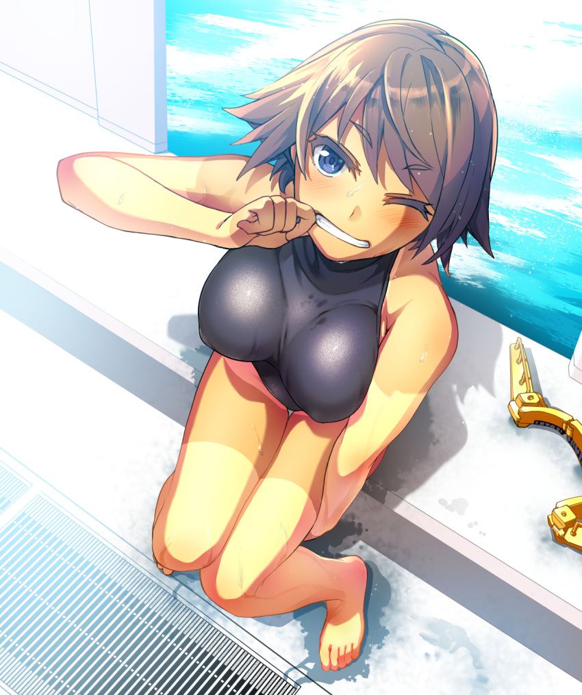 1girl bare_legs bare_shoulders barefoot black_swimsuit blue_eyes brown_hair headgear_removed hiei_(kantai_collection) highres kantai_collection knees_together_feet_apart one_eye_closed pool short_hair sitting smile solo swimsuit tan tanline teeth tsukinami_kousuke water wet
