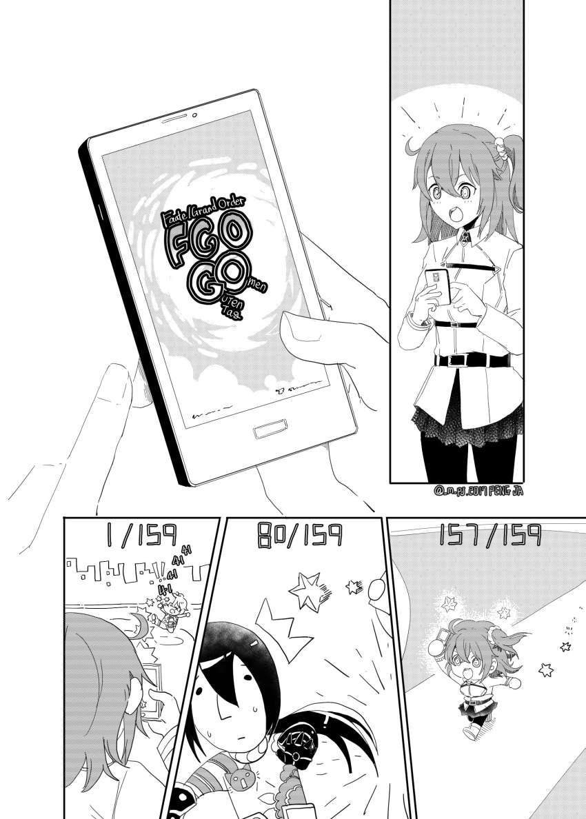 :d :| absurdres ahoge belt billy_the_kid_(fate/grand_order) cellphone chibi closed_mouth comic dot_eyes fate/grand_order fate_(series) fujimaru_ritsuka_(female) gameplay_mechanics hair_ornament hair_scrunchie highres left-to-right_manga long_sleeves monochrome open_mouth peng_ja phone pleated_skirt riyo_(lyomsnpmp)_(style) saint_quartz scrunchie side_ponytail skirt smartphone smile x_x yan_qing_(fate/grand_order)