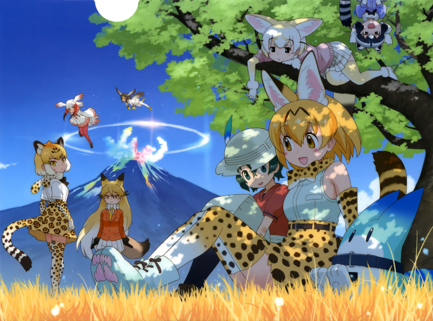 6+girls absurdres animal_ears animal_print artist_request bangs bare_shoulders black_eyes black_hair blonde_hair blush bow cat_tail character_request crested_ibis_(kemono_friends) dress elbow_gloves everyone ezo_red_fox_(kemono_friends) gloves grass green_eyes green_hair hat head_wings highres kaban kemono_friends long_hair long_sleeves multicolored_hair multiple_girls necktie official_art open_mouth pantyhose pleated_skirt red_eyes red_legwear scan serval_(kemono_friends) serval_ears serval_tail shirt short_hair short_sleeves sitting skirt sky sleeveless sleeveless_shirt tail thigh-highs tree two-tone_hair vulcan white_bow white_hair white_skirt wings yellow_eyes yellow_necktie