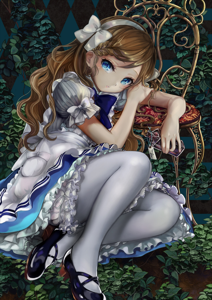 1girl alice_(wonderland) alice_in_wonderland apron arm_support bloomers blue_eyes braid chair dress flask hair_ribbon hairband highres long_hair mary_janes pantyhose pisuke plant revision ribbon shoes solo thigh-highs underwear vines white_legwear