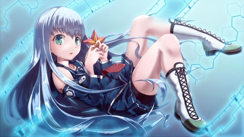 1girl aoki_hagane_no_arpeggio bangs bike_shorts blue_hair blue_skirt blunt_bangs boots cross-laced_footwear detached_sleeves ekusufeito green_eyes hime_cut iona lace-up_boots long_hair necktie open_mouth pleated_skirt red_necktie sailor_collar silver_hair skirt solo starfish white_boots