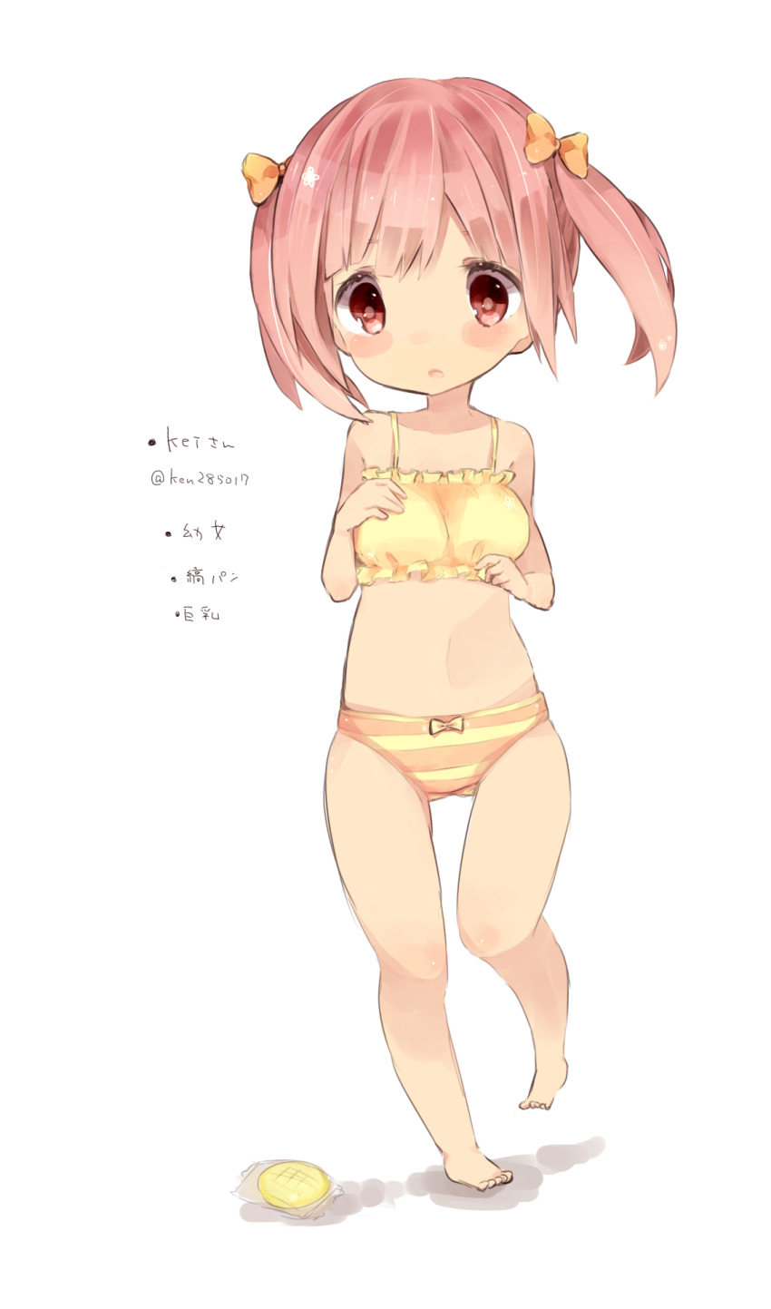 1girl blush bow bra chibi eyebrows_visible_through_hair hair_bow highres looking_at_viewer navel open_mouth orange_bow original panties pink_eyes pink_hair pink_panties sencha_(senta_10) short_hair solo striped striped_panties translation_request twintails underwear yellow_bow yellow_bra yellow_panties