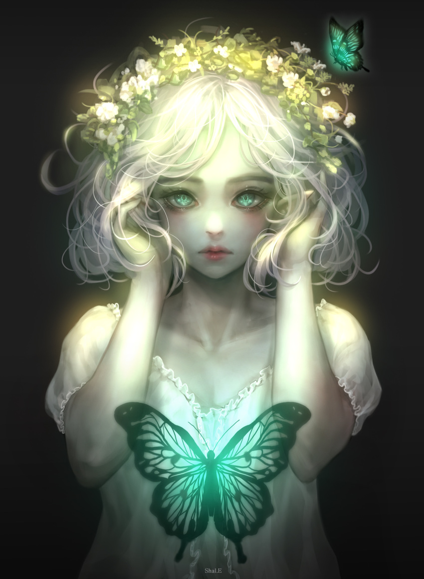 1girl absurdres artist_name butterfly dress glowing green_eyes head_wreath highres looking_at_viewer original pale_skin parted_lips shale short_hair silver_hair solo upper_body white_dress