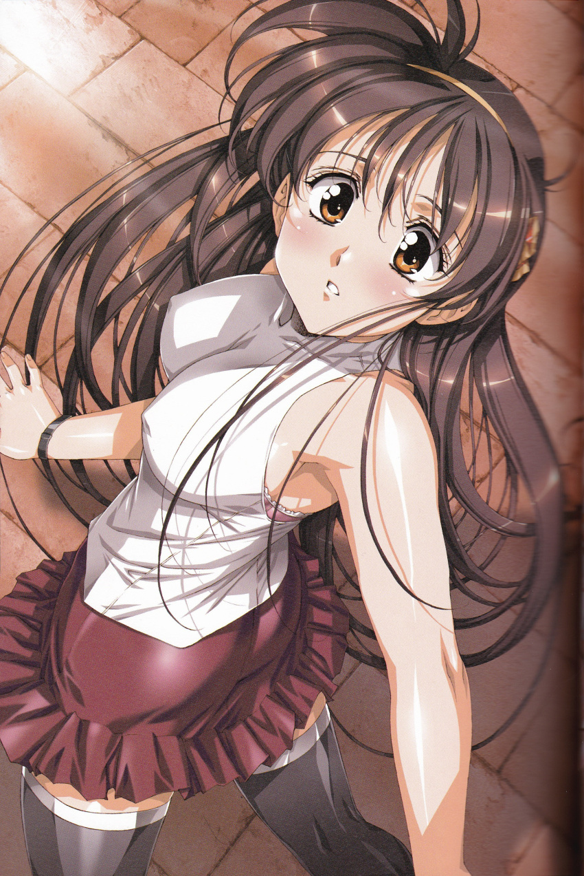 1girl absurdres bare_shoulders black_legwear blush bra breasts brown_eyes brown_hair hairband highres long_hair looking_at_viewer looking_back medium_breasts original outdoors scan shirt skirt sleeveless solo thigh-highs underwear urushihara_satoshi watch watch white_shirt zettai_ryouiki