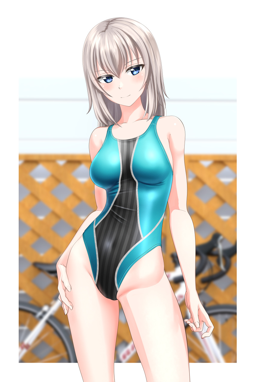 1girl absurdres aqua_swimsuit bangs bicycle blue_eyes blurry blurry_background breasts competition_swimsuit contrapposto cowboy_shot girls_und_panzer ground_vehicle highres itsumi_erika light_smile looking_at_viewer medium_breasts medium_hair multicolored_clothes multicolored_swimsuit one-piece_swimsuit silver_hair solo standing striped striped_swimsuit swimsuit takafumi