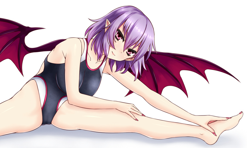 1girl barefoot bat_wings breasts competition_swimsuit gradient_hair hands_on_feet head_tilt highres large_breasts looking_at_viewer multicolored_hair older one-piece_swimsuit pointy_ears purple_hair red_eyes remilia_scarlet simple_background smile solo split spread_legs stretch swimsuit tagme touhou white_background wings zeramu