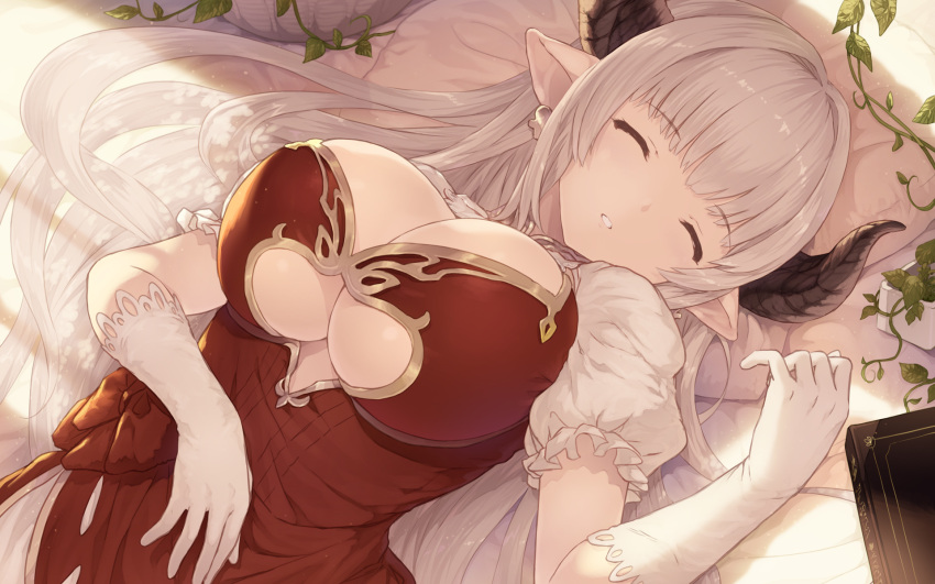 1girl alicia_(granblue_fantasy) bangs blunt_bangs breasts cait cleavage closed_eyes doraf dress earrings gloves granblue_fantasy highres horns jewelry large_breasts long_hair lying on_back pointy_ears puffy_short_sleeves puffy_sleeves red_dress short_sleeves silver_hair sleeping solo very_long_hair white_gloves