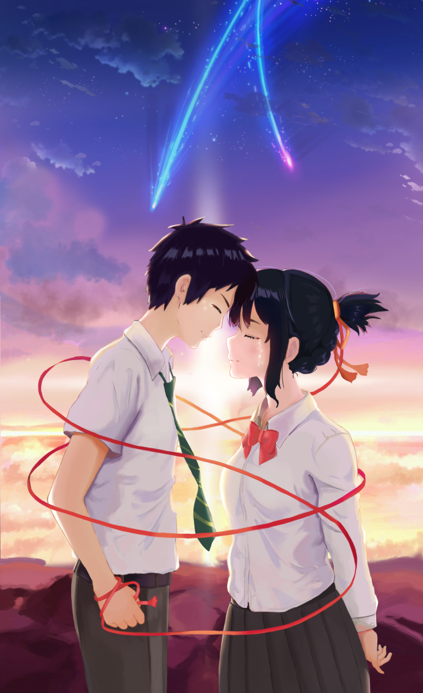1boy 1girl absurdres artist_request belt black_hair closed_eyes clouds comet commentary_request crying forehead-to-forehead green_necktie hair_ribbon highres kimi_no_na_wa long_ribbon long_sleeves miyamizu_mitsuha multicolored multicolored_ribbon necktie orange_ribbon red_ribbon ribbon school_uniform short_sleeves sky smile star_(sky) starry_sky striped striped_necktie tachibana_taki tears twilight wrist_ribbon