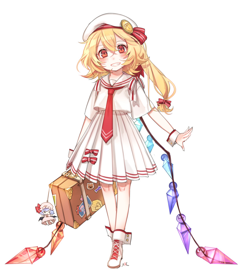 1girl alternate_costume bag_charm beret blonde_hair blush bow briefcase character_doll cross-laced_footwear crystal flandre_scarlet full_body grin hair_bow hat highres looking_at_viewer necktie pleated_skirt red_bow red_eyes red_necktie remilia_scarlet shirt shoes short_sleeves side_ponytail simple_background skirt smile solo sticker tis_(shan0x0shan) touhou tress white_background white_hat white_shirt white_shoes white_skirt wide_sleeves wings wrist_cuffs