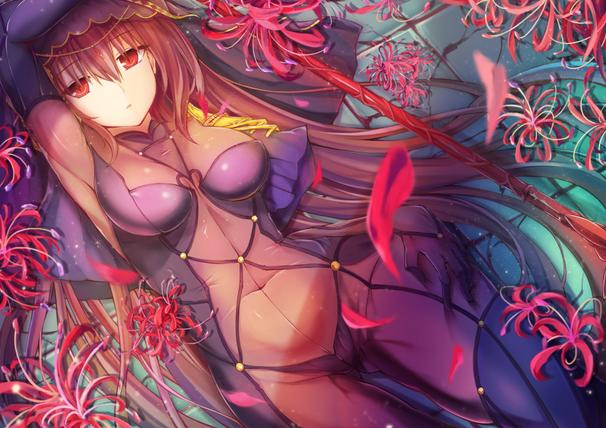 1girl bodysuit breasts covered_navel dying0414 fate/grand_order fate_(series) flower gae_bolg highres long_hair lying on_back pauldrons petals polearm purple_bodysuit purple_hair red_eyes scathach_(fate/grand_order) solo spear spider_lily veil weapon