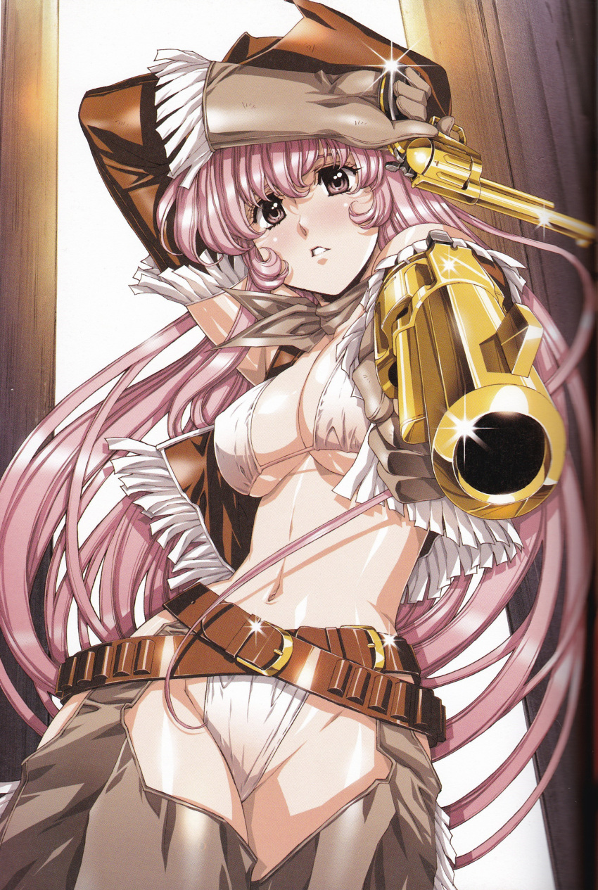 1girl absurdres bangs belt bikini bikini_top breasts cleavage cowboy cowboy_hat dual_wielding gun handgun hat highres holding holding_gun holding_weapon jacket long_hair looking_at_viewer medium_breasts navel open_clothes open_jacket original pink_hair revolver scan solo swimsuit underwear urushihara_satoshi weapon western