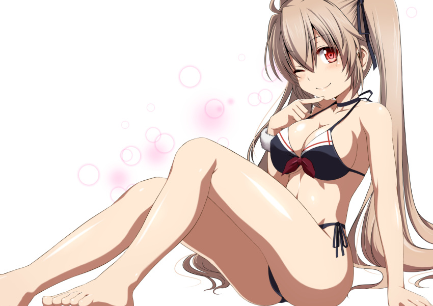 1girl adapted_costume arm_support bikini black_bikini breasts brown_hair cleavage collarbone commentary_request finger_to_chin front-tie_bikini front-tie_top kantai_collection kuromayu long_hair looking_at_viewer medium_breasts murasame_(kantai_collection) navel one_eye_closed reclining red_eyes revision side-tie_bikini simple_background smile solo swimsuit twintails white_background