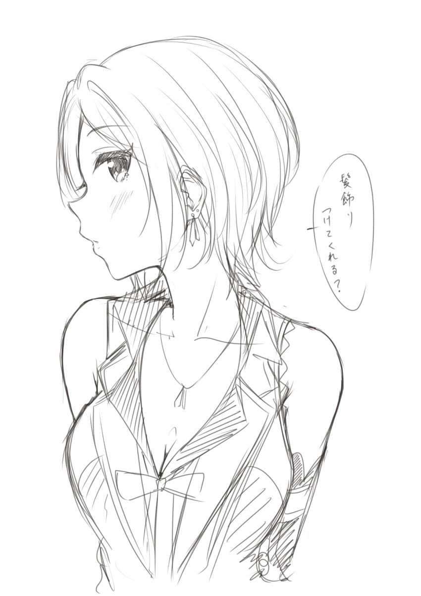 1girl blush breasts cleavage closed_mouth collarbone earrings greyscale hayami_kanade highres idolmaster idolmaster_cinderella_girls jewelry looking_at_viewer medium_breasts monochrome murabito_c profile short_hair sketch solo speech_bubble