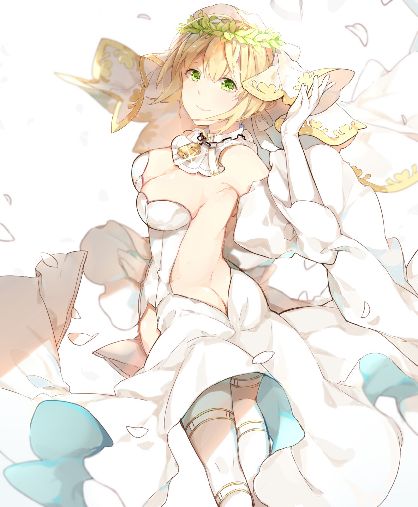 1girl absurdres ahoge ass bangs blonde_hair blurry breasts bridal_veil butt_crack chains cleavage closed_mouth depth_of_field dress elbow_gloves fate/extra fate/extra_ccc fate_(series) from_behind gloves green_eyes highres kneepits laurel_crown light_smile lock looking_at_viewer looking_back medium_breasts miyuki_(miyuki_05290) open-back_dress padlock petals saber_bride saber_extra short_hair sideboob simple_background smile solo veil white_background white_dress white_gloves wreath