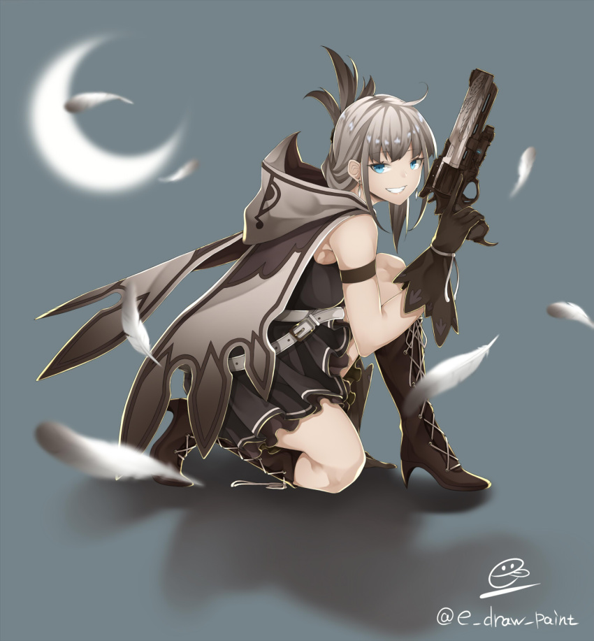 1girl boots cloak cross-laced_footwear destiny_(game) e_draw_paint earrings gun handgun hawkmoon_(destiny) highres hood hood_down hooded_cloak jewelry knee_boots lace-up_boots looking_back personification pistol revolver sidelocks silver_hair skirt smile trigger_discipline weapon