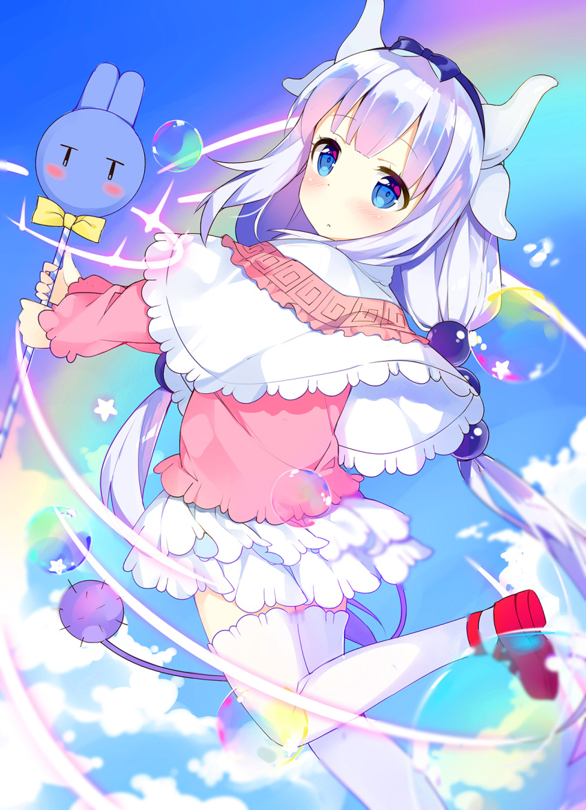 1girl black_hairband blush bubble dragon_girl dragon_horns full_body hairband highres horns kanna_kamui kikistark kobayashi-san_chi_no_maidragon lavender_hair long_hair looking_at_viewer skirt solo staff tail thigh-highs twintails white_legwear white_skirt zettai_ryouiki