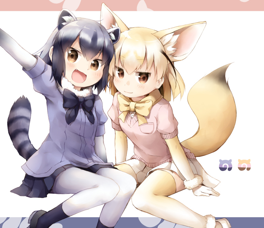 2girls absurdres animal_ears blonde_hair blush bow bowtie brown_eyes closed_mouth collared_shirt fang fennec_(kemono_friends) fox_ears fox_tail full_body fur_collar gloves grey_hair half-closed_eyes highres japari_symbol kemono_friends looking_at_viewer multicolored_hair multiple_girls open_mouth pantyhose pleated_skirt puffy_short_sleeves puffy_sleeves raccoon_(kemono_friends) raccoon_ears raccoon_tail satou_saya shirt short_hair short_sleeves simple_background sitting skirt smile sweater_vest tail thigh-highs two-tone_hair waving white_background