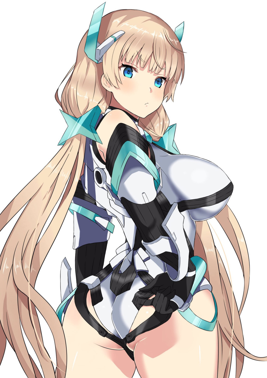 adjusting_clothes adjusting_leotard angela_balzac artist_request ass black_gloves blonde_hair blue_eyes breasts cowboy_shot elbow_gloves eyebrows_visible_through_hair gloves hair_ornament hand_on_hip headgear highres large_breasts leotard long_hair low_twintails rakuen_tsuihou sideboob simple_background twintails very_long_hair white_background