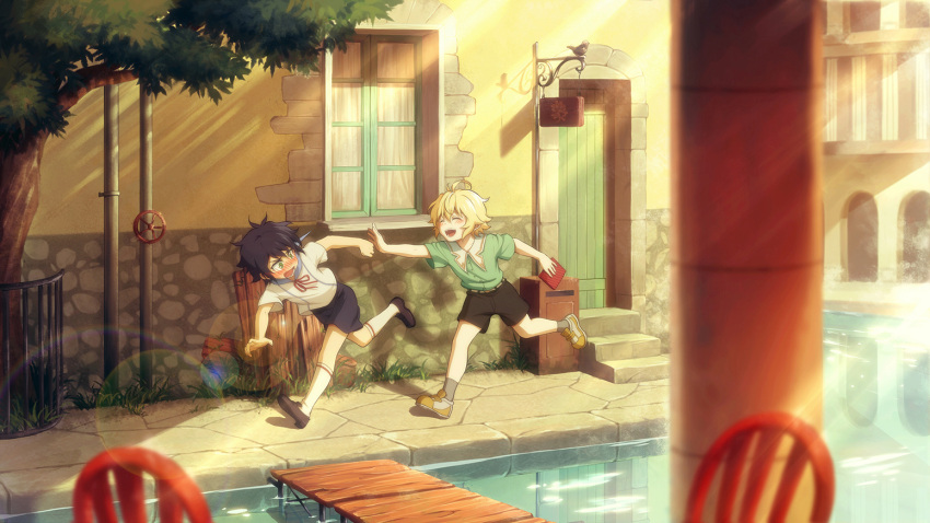 2boys ahoge black_hair blonde_hair blue_eyes blurry blush book bridge building canal chair chasing child closed_eyes depth_of_field fcc green_eyes green_shirt holding holding_book hyakuya_mikaela hyakuya_yuuichirou kneehighs lens_flare light_rays loafers looking_at_another looking_back male_focus multiple_boys neck_ribbon open_mouth outdoors outstretched_arm owari_no_seraph pipes ribbon running shirt shoes short_sleeves shorts sidewalk smile sneakers socks sunbeam sunlight town tree water white_legwear white_shirt window younger