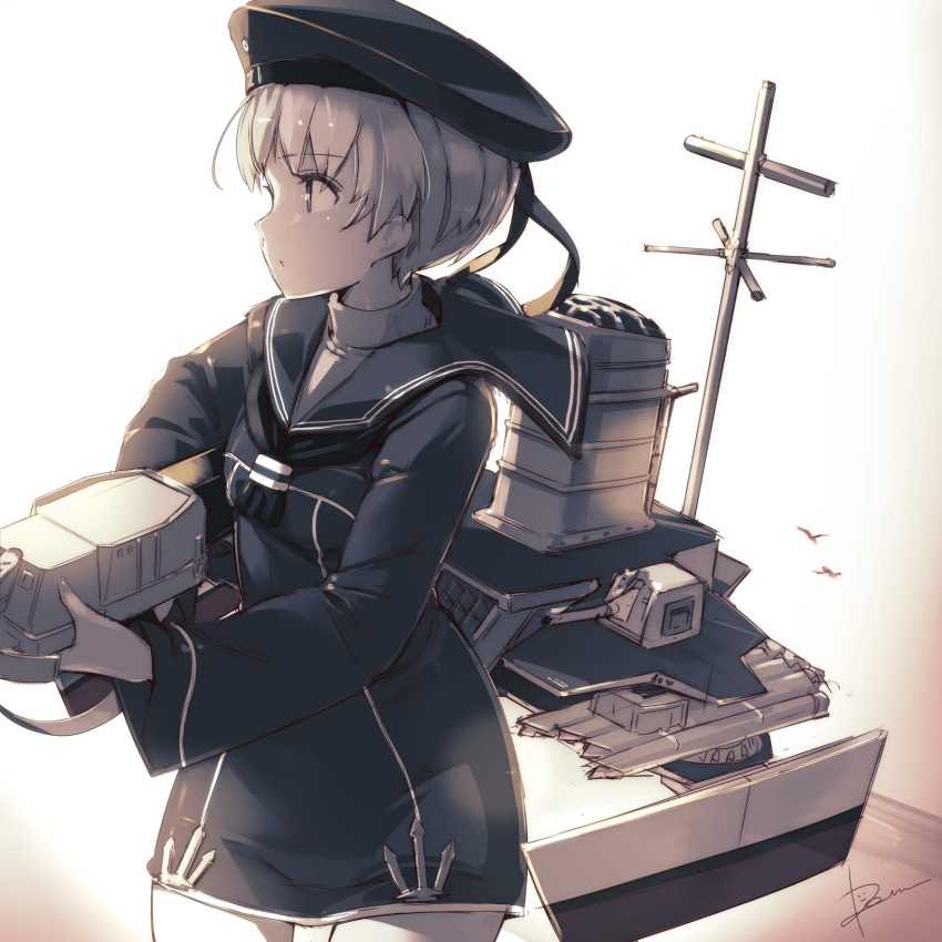 1girl anchor artist_name beret cannon cowboy_shot dress eyebrows_visible_through_hair gradient gradient_background gun hat highres kantai_collection long_sleeves looking_to_the_side machinery pomon_illust sailor_collar sailor_dress short_hair solo torpedo turtleneck weapon white_background z1_leberecht_maass_(kantai_collection)