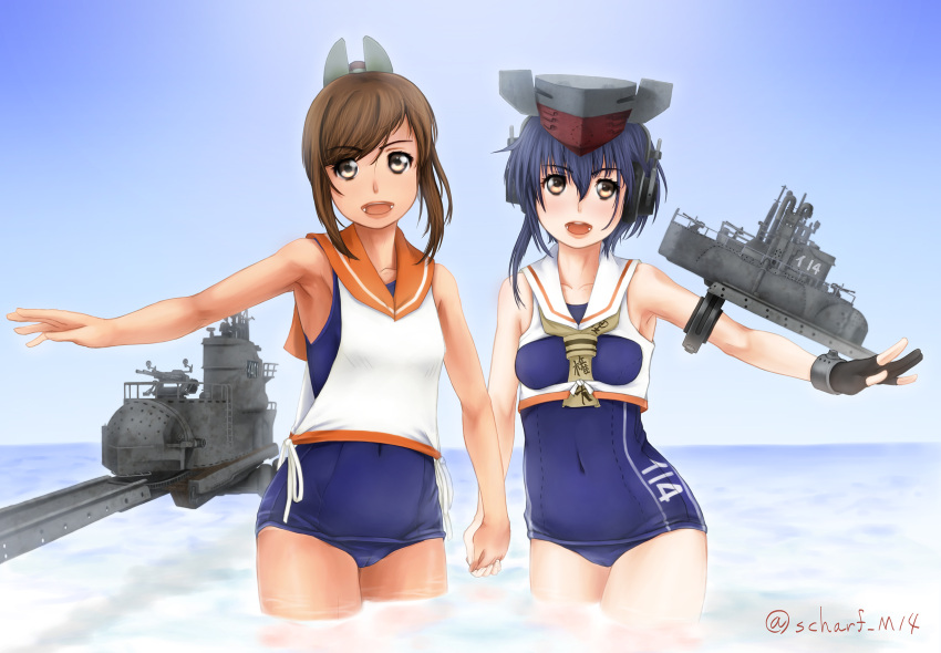 2girls asymmetrical_hair black_hair brown_eyes brown_hair cannon cowboy_shot facing_viewer framed_breasts gloves hair_between_eyes hand_holding hat headphones highres i-14_(kantai_collection) i-401_(kantai_collection) kantai_collection machinery multiple_girls one-piece_tan open_mouth outstretched_arms partly_fingerless_gloves ponytail sailor_collar scharfschutze school_swimsuit short_hair single_glove soaking_feet swimsuit swimsuit_under_clothes tan tanline