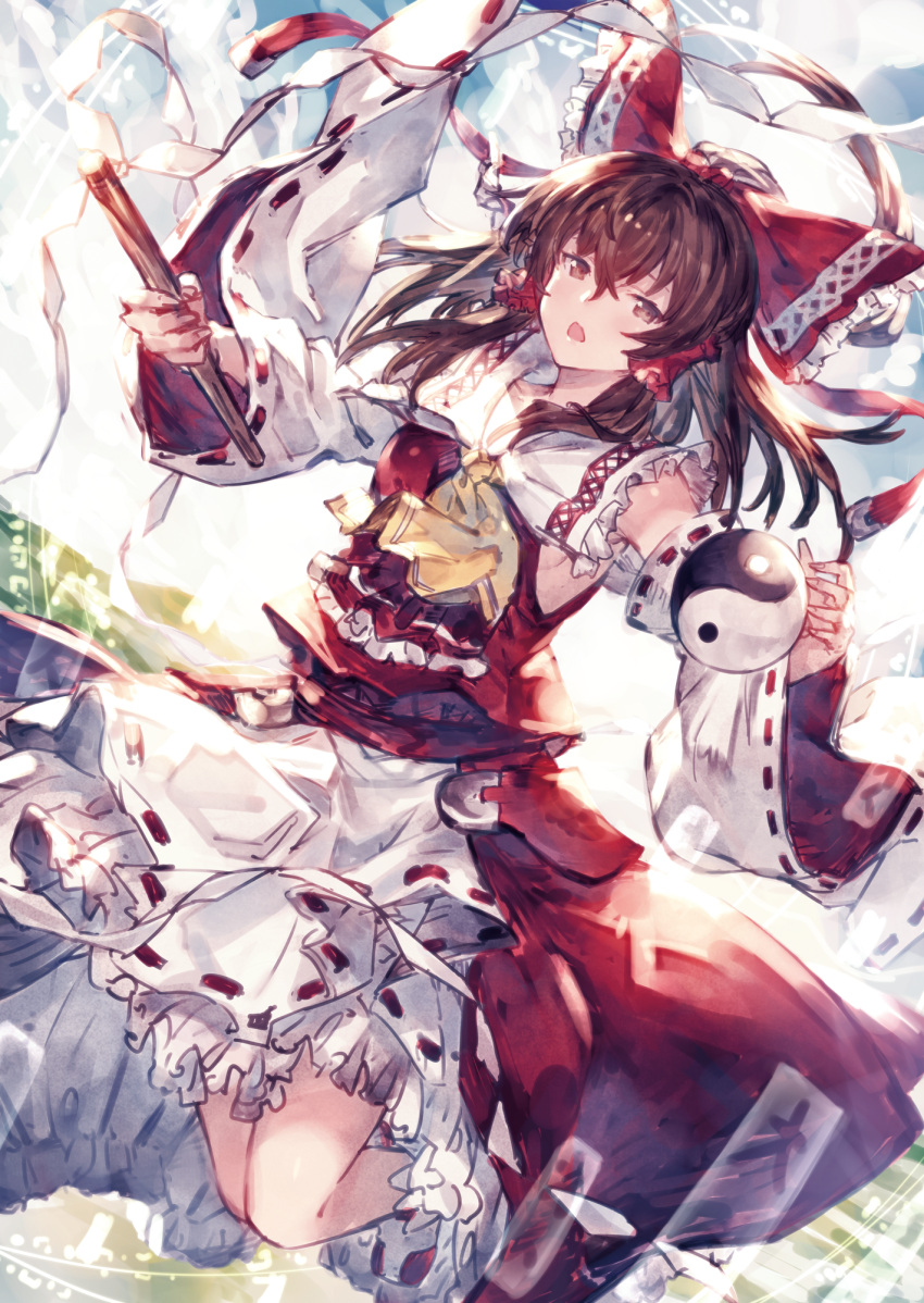 1girl armpits ascot bangs benitama bent_knees bloomers bow brown_eyes brown_hair detached_sleeves frilled_shirt_collar frills full_body gohei hair_bow hair_tubes hakurei_reimu highres long_hair long_sleeves looking_at_viewer nontraditional_miko open_mouth red_bow red_shirt red_skirt ribbon-trimmed_sleeves ribbon_trim shirt sidelocks skirt sleeveless sleeveless_shirt solo touhou underwear wide_sleeves yin_yang_orb