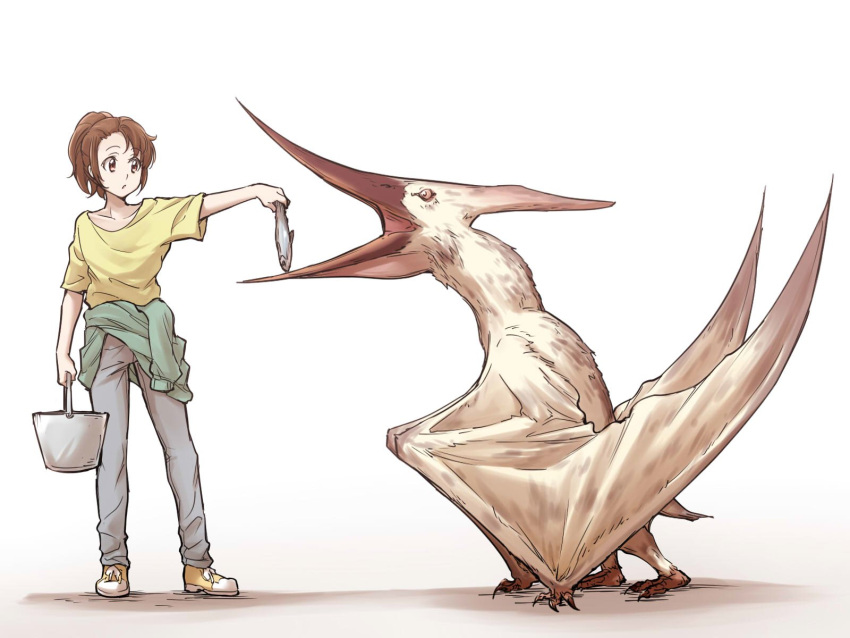 1girl animal_request brown_eyes brown_hair bucket character_request clothes_around_waist copyright_request fish highres ogry_ching pants ponytail pteranodon pterosaur shoes short_sleeves