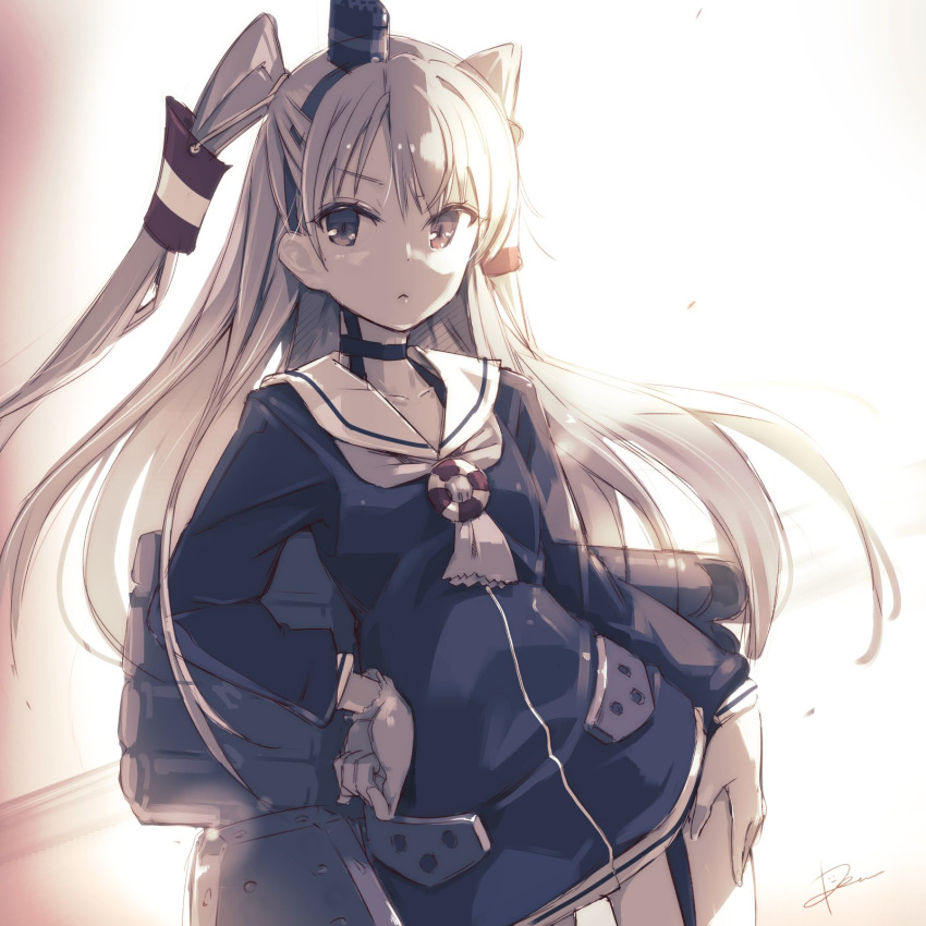 1girl :&lt; amatsukaze_(kantai_collection) artist_name choker collarbone contrapposto cowboy_shot dress dutch_angle garter_straps gloves gradient gradient_background hair_ornament hair_tubes hand_on_hip hand_on_thigh headgear highres kantai_collection lifebuoy long_hair long_sleeves looking_at_viewer monochrome pomon_illust sailor_collar sailor_dress sepia single_glove solo torpedo two_side_up white_background