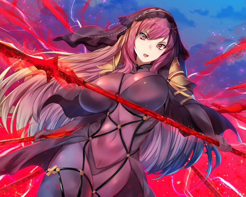 armor artist_request bodysuit breasts fate/grand_order fate_(series) gae_bolg highres holding holding_weapon large_breasts long_hair open_mouth pauldrons polearm purple_bodysuit purple_hair red_eyes scathach_(fate/grand_order) see-through shiny shiny_clothes shoulder_armor solo spear veil weapon